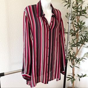 Notations Stripe Button Down Silk Long Sleeve Blouse Top
